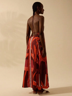 CAJUNI Vestido de Verão Casual para Praia, Estampa Tropical Boho de Flores e Árvore de Coco, Alças Finas com Cadarço, Mulheres