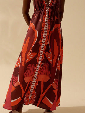 CAJUNI Vestido de Verão Casual para Praia, Estampa Tropical Boho de Flores e Árvore de Coco, Alças Finas com Cadarço, Mulheres