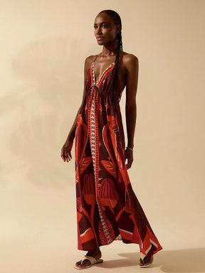 CAJUNI Vestido de Verão Casual para Praia, Estampa Tropical Boho de Flores e Árvore de Coco, Alças Finas com Cadarço, Mulheres