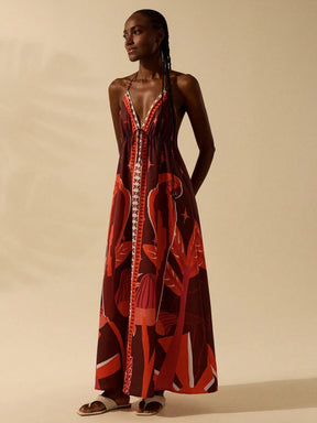 CAJUNI Vestido de Verão Casual para Praia, Estampa Tropical Boho de Flores e Árvore de Coco, Alças Finas com Cadarço, Mulheres