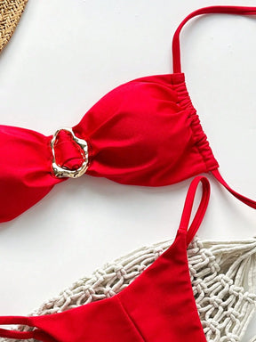 SHEIN Swim Conjunto de Maiô Bikini Feminino Strapless de Verão Solid Color com Amarração e Decoração Metálica, Sexy