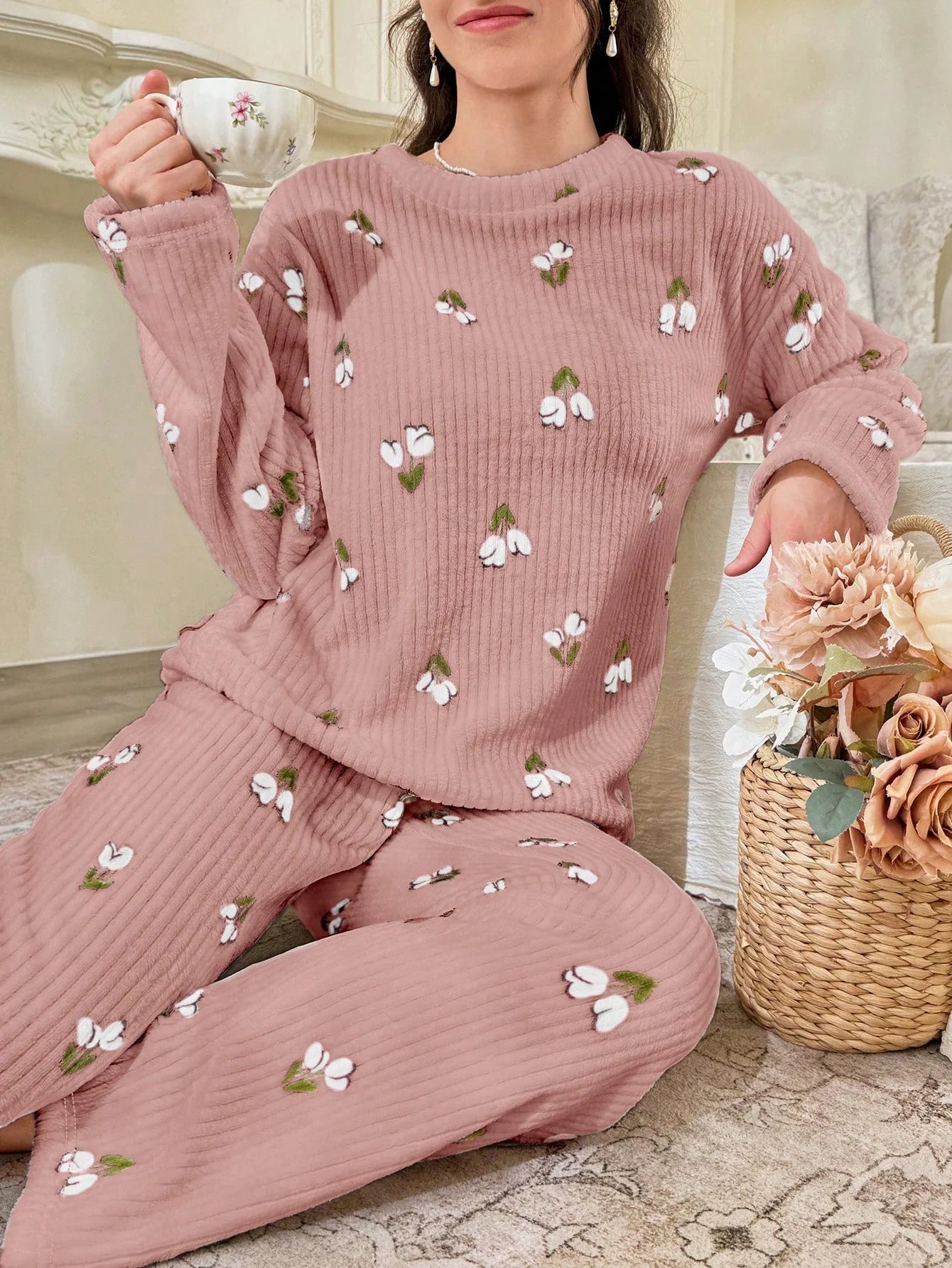 CottageSlumber Conjunto de Pijama Feminino de Moletom com Estampa Floral - Blusa e Calça