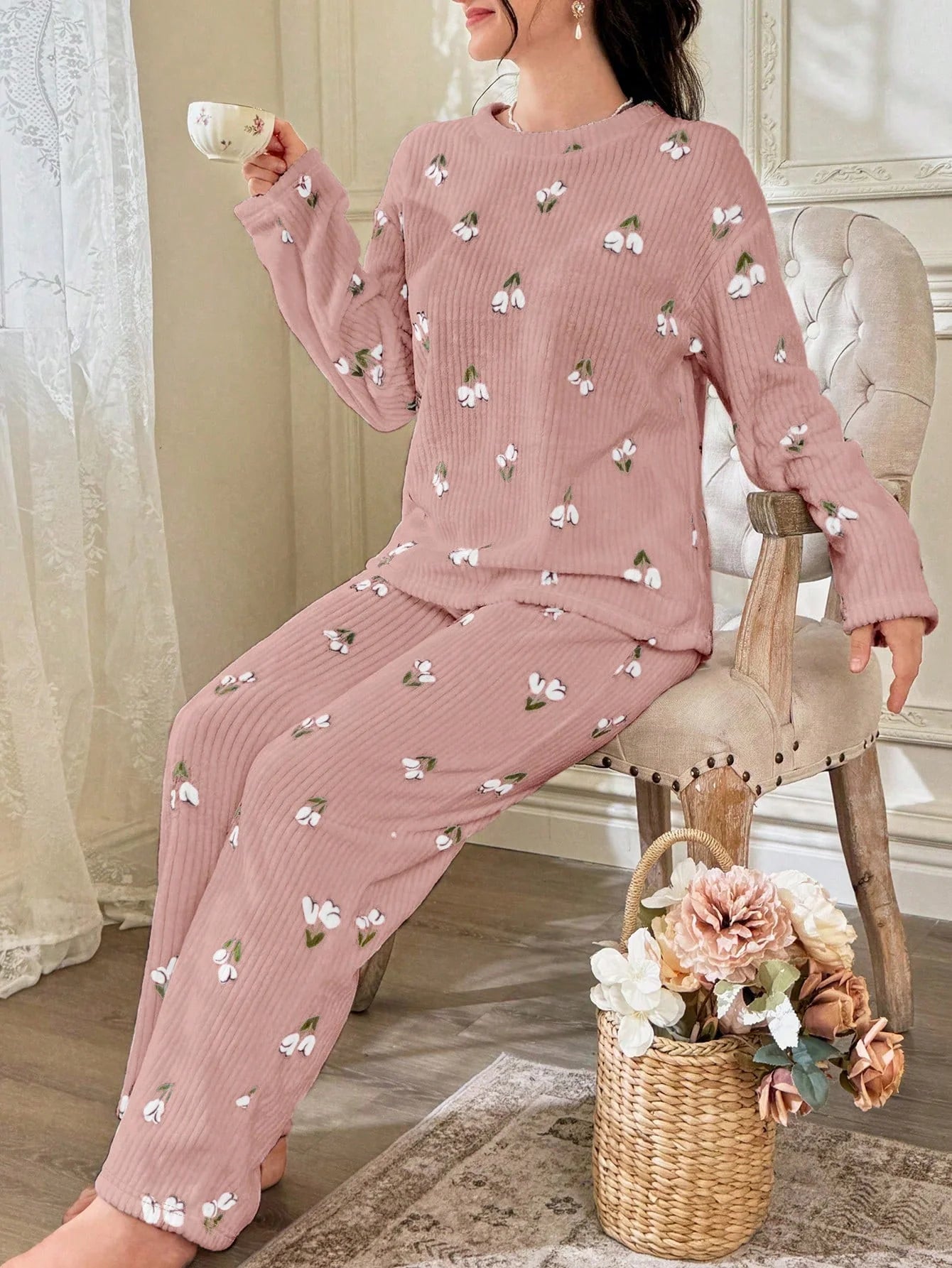 CottageSlumber Conjunto de Pijama Feminino de Moletom com Estampa Floral - Blusa e Calça