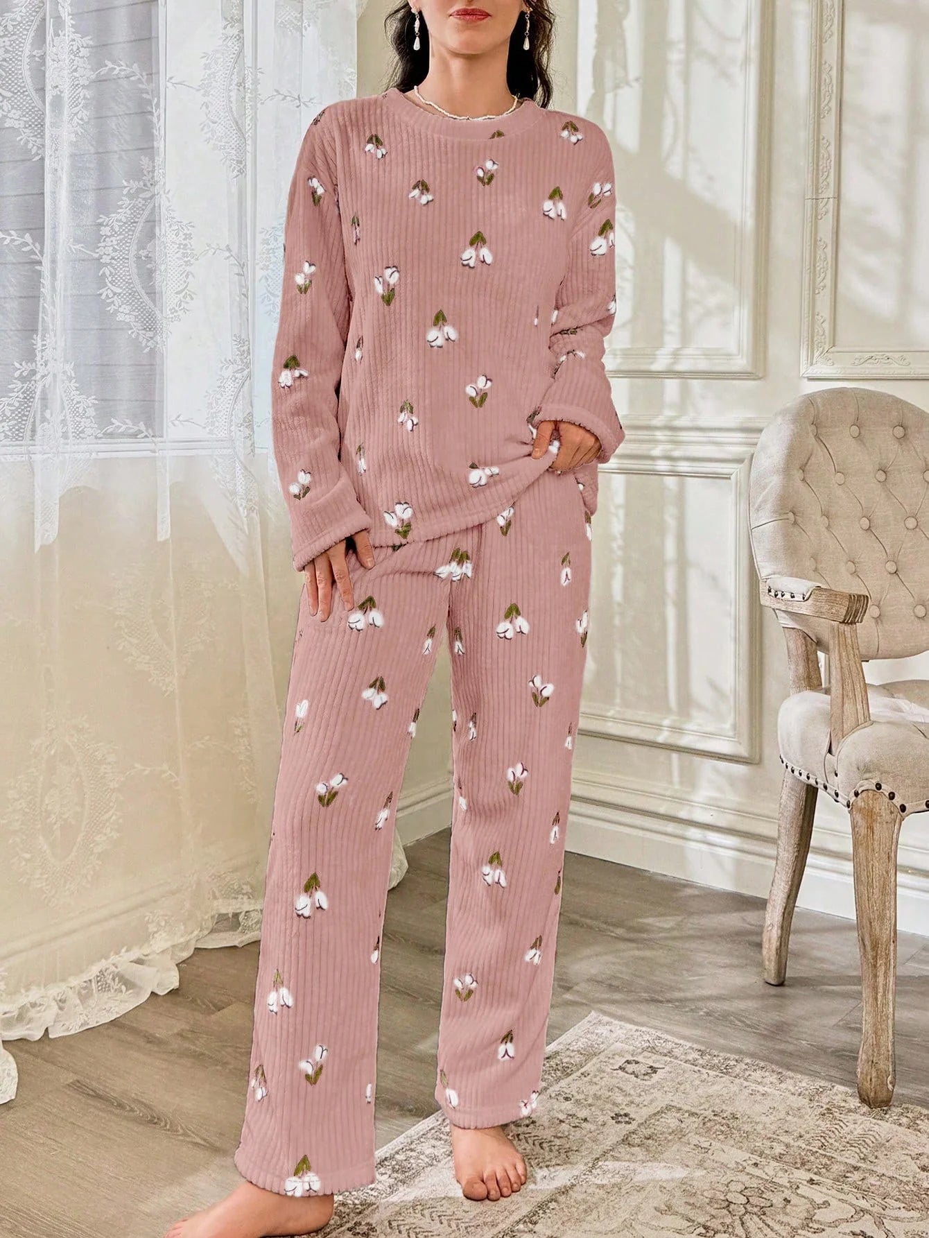 CottageSlumber Conjunto de Pijama Feminino de Moletom com Estampa Floral - Blusa e Calça