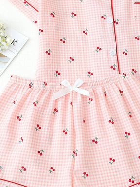 2 peças Conjunto de Pijama Feminino Estampa de Cereja Fofo, Top com Botões de Lapela e Manga Curta, e Shorts com Laço, Roupa de Dormir e Loungewear de Verão, Conjunto de Duas Peças