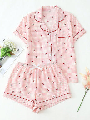 2 peças Conjunto de Pijama Feminino Estampa de Cereja Fofo, Top com Botões de Lapela e Manga Curta, e Shorts com Laço, Roupa de Dormir e Loungewear de Verão, Conjunto de Duas Peças