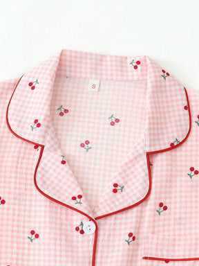 2 peças Conjunto de Pijama Feminino Estampa de Cereja Fofo, Top com Botões de Lapela e Manga Curta, e Shorts com Laço, Roupa de Dormir e Loungewear de Verão, Conjunto de Duas Peças
