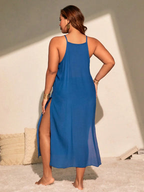 SHEIN VCAY Vestido Longo de Praia Plus Size Crochê Manual Vazado Sexy e Ajustado com Fenda Lateral, Leve