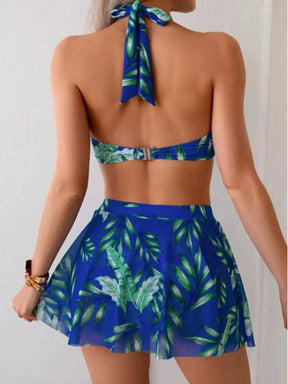 Conjunto de biquíni com estampa tropical e saia Cover Up 2 Piece Swimsuit