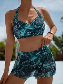 Conjunto de biquíni com estampa tropical e saia Cover Up 2 Piece Swimsuit