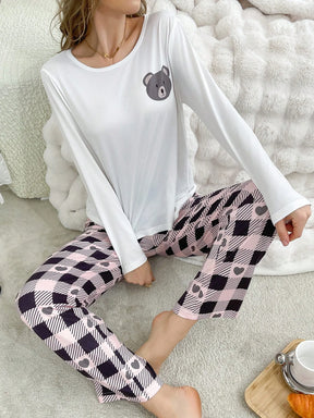 Conjunto de Pijama com Camiseta de Gráfico Cartoon e Calça Xadrez