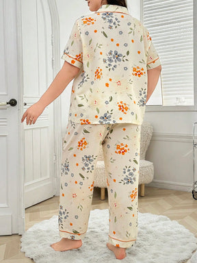 Conjunto de Pijama Feminino com Design de Gola Bolha Estampada Floral, Detalhe de Bolso, Plus Size