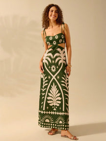 CAJUNI Vestido Boho Feminino Estampa de Árvore de Banana, Vestido Preto Casual de Verão com Amarração Oca na Cintura Sem Mangas, Vestido Casual de Férias
