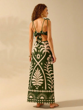 CAJUNI Vestido Boho Feminino Estampa de Árvore de Banana, Vestido Preto Casual de Verão com Amarração Oca na Cintura Sem Mangas, Vestido Casual de Férias