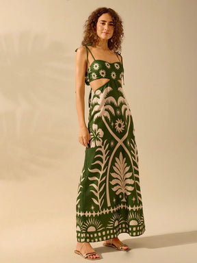 CAJUNI Vestido Boho Feminino Estampa de Árvore de Banana, Vestido Preto Casual de Verão com Amarração Oca na Cintura Sem Mangas, Vestido Casual de Férias