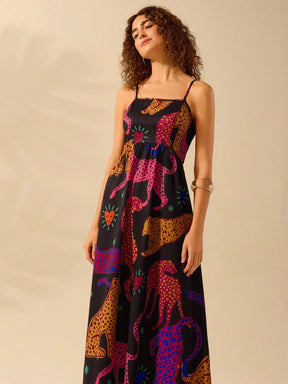 CAJUNI Vestido de Verão Casual Feminino com Estampa de Selenipédio e Azálea, de Tiras Finas e Costas Abertas, Elegante e Gracioso