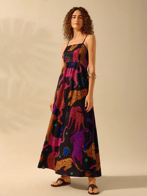CAJUNI Vestido de Verão Casual Feminino com Estampa de Selenipédio e Azálea, de Tiras Finas e Costas Abertas, Elegante e Gracioso