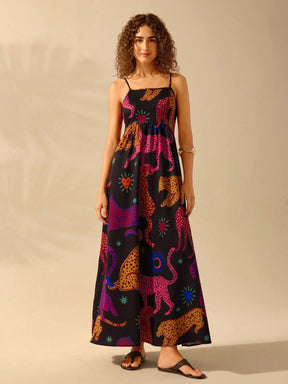 CAJUNI Vestido de Verão Casual Feminino com Estampa de Selenipédio e Azálea, de Tiras Finas e Costas Abertas, Elegante e Gracioso