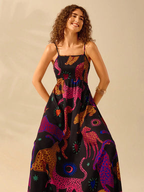 CAJUNI Vestido de Verão Casual Feminino com Estampa de Selenipédio e Azálea, de Tiras Finas e Costas Abertas, Elegante e Gracioso
