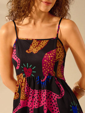 CAJUNI Vestido de Verão Casual Feminino com Estampa de Selenipédio e Azálea, de Tiras Finas e Costas Abertas, Elegante e Gracioso