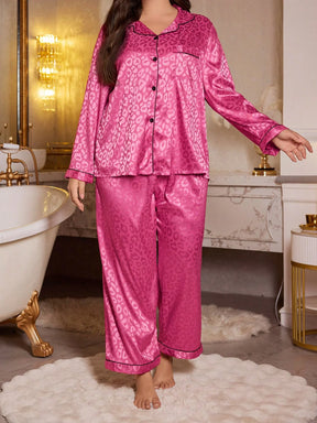 LuxeNights Conjunto de Pijama com Cardigan Lapela de Jacquard de Falso Seda Estampa Onça Plus Size