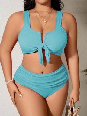 SHEIN Swim Curve 2 Peças/Conjunto Maiô Bikini com Fita Ajustável e Laço em Marrom Plus Size, Verão