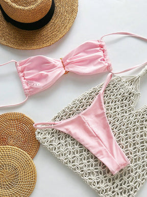 SHEIN Swim Conjunto de Maiô Bikini Feminino Strapless de Verão Solid Color com Amarração e Decoração Metálica, Sexy