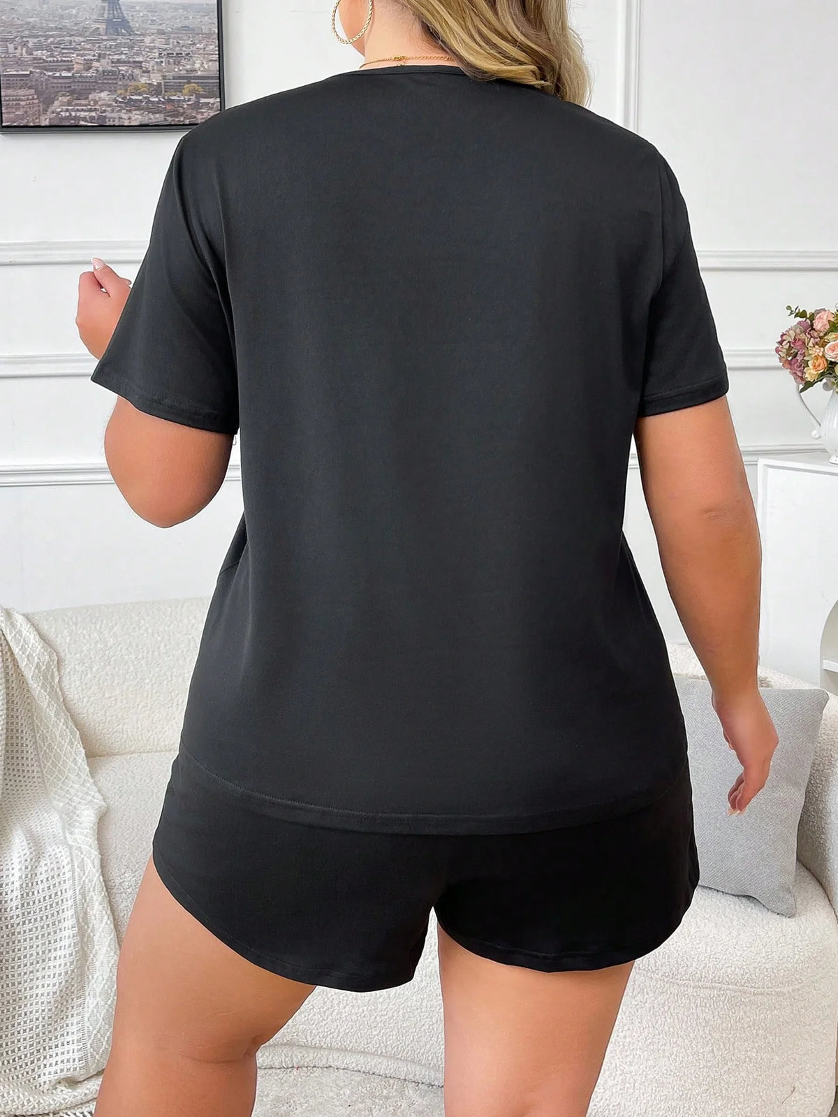 Conjunto de Pijama com Shorts e Manga Curta com Estampa de Coração, Minimalista, Plus Size