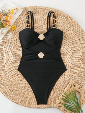 Swim Chiccia Maiô de Uma Peça para Praia e Resort, Decor de Metal, Decote Vazado, com Alças Duplas, Cor Sólida, para Mulheres