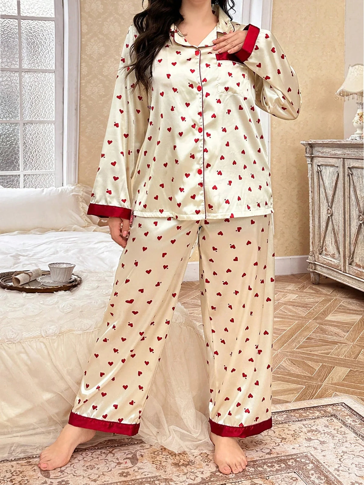 CottageSlumber Conjunto de Pijama Cardigan e Calça Plus Size em Bloco de Cor com Estampa de Coração, Manga Longa