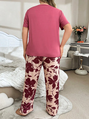 Conjunto de Pijama Casual Feminino com Estampa Floral, Top de Manga Curta com Bolso e Calça, Plus Size