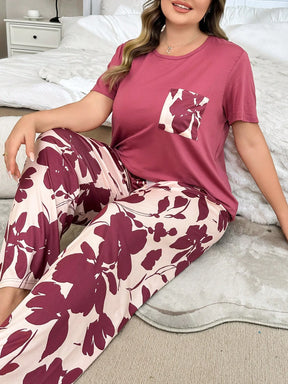 Conjunto de Pijama Casual Feminino com Estampa Floral, Top de Manga Curta com Bolso e Calça, Plus Size