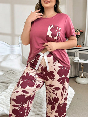 Conjunto de Pijama Casual Feminino com Estampa Floral, Top de Manga Curta com Bolso e Calça, Plus Size