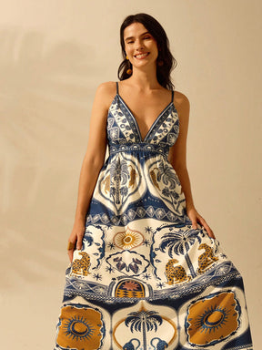 CAJUNI Vestido Casual de Praia de Verão com Decote em V, Estampa Boho de Leopardo, Palmeira, Folha de Monstra, Flor Tropical para Férias