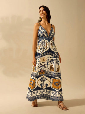 CAJUNI Vestido Casual de Praia de Verão com Decote em V, Estampa Boho de Leopardo, Palmeira, Folha de Monstra, Flor Tropical para Férias