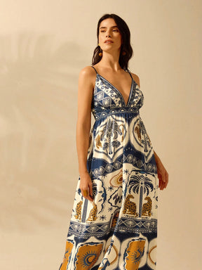 CAJUNI Vestido Casual de Praia de Verão com Decote em V, Estampa Boho de Leopardo, Palmeira, Folha de Monstra, Flor Tropical para Férias