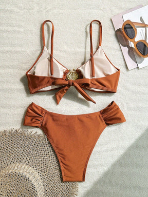 Swim Vcay Conjunto de Maiô Bikini com Alças Finas Plissadas de Corte Alto, Acessórios Metálicos Sexy, Totalmente Vegano, Roupa de Praia de Férias de Primavera para Mulheres, Roupa de Banho de Verão para Mulheres