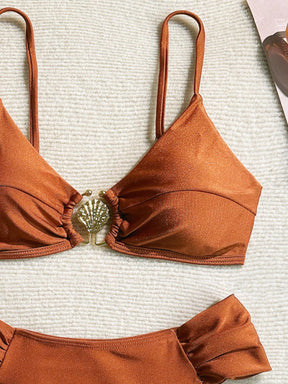 Swim Vcay Conjunto de Maiô Bikini com Alças Finas Plissadas de Corte Alto, Acessórios Metálicos Sexy, Totalmente Vegano, Roupa de Praia de Férias de Primavera para Mulheres, Roupa de Banho de Verão para Mulheres