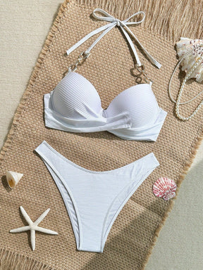 Swim Lushoire 2 Peças Conjunto de Maiô Bikini com Top em Tecido Canelado com Alça de Apoio e Sunga Regular de Estilo de Férias