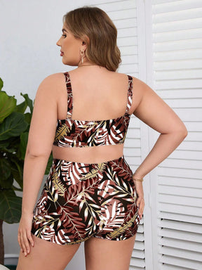 Swim Lushoire Conjunto de Maiô Bikini com Amarração na Frente e Estampa de Planta Tropical para Mulheres Plus Size, Praia de Verão