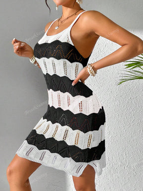 Vestido Tricô Vazado Recorte Colorido Contrastante, Vestido Boêmio Feminino de Verão para Férias na Praia