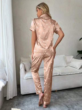Conjunto de pijama de manga curta simulado de seda com estampa de coração, cor sólida e calça comprida com acabamento contrastante
