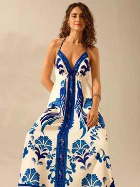 CAJUNI Vestido de Verão Casual para Praia, Estampa Tropical Boho de Flores e Árvore de Coco, Alças Finas com Cadarço, Mulheres