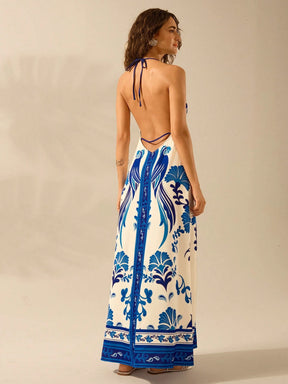 CAJUNI Vestido de Verão Casual para Praia, Estampa Tropical Boho de Flores e Árvore de Coco, Alças Finas com Cadarço, Mulheres
