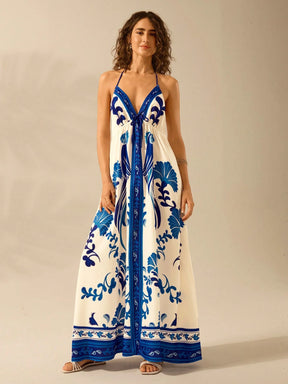 CAJUNI Vestido de Verão Casual para Praia, Estampa Tropical Boho de Flores e Árvore de Coco, Alças Finas com Cadarço, Mulheres