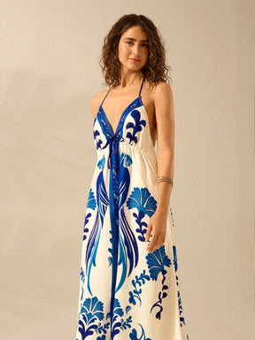 CAJUNI Vestido de Verão Casual para Praia, Estampa Tropical Boho de Flores e Árvore de Coco, Alças Finas com Cadarço, Mulheres