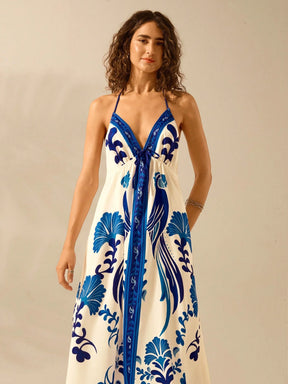 CAJUNI Vestido de Verão Casual para Praia, Estampa Tropical Boho de Flores e Árvore de Coco, Alças Finas com Cadarço, Mulheres
