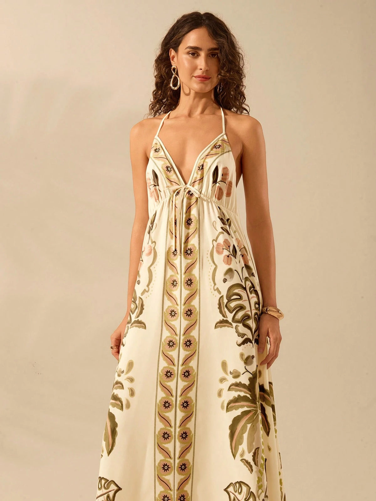 CAJUNI Vestido Longo Casual de Verão para Praia Feminino, Boho Tropical, Alça Fina com Cordão, Estampa de Tartaruga, Árvore de Palma, Flor Tropical