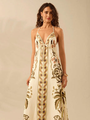 CAJUNI Vestido Longo Casual de Verão para Praia Feminino, Boho Tropical, Alça Fina com Cordão, Estampa de Tartaruga, Árvore de Palma, Flor Tropical