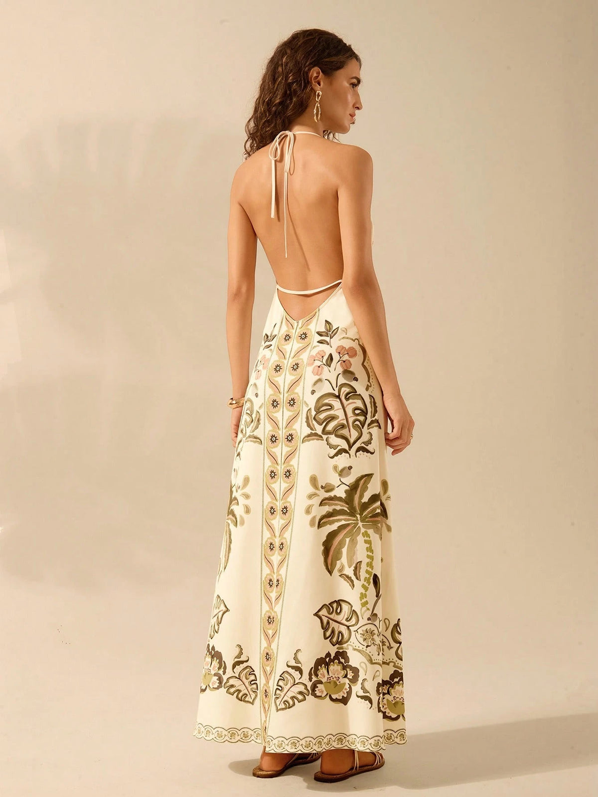 CAJUNI Vestido Longo Casual de Verão para Praia Feminino, Boho Tropical, Alça Fina com Cordão, Estampa de Tartaruga, Árvore de Palma, Flor Tropical